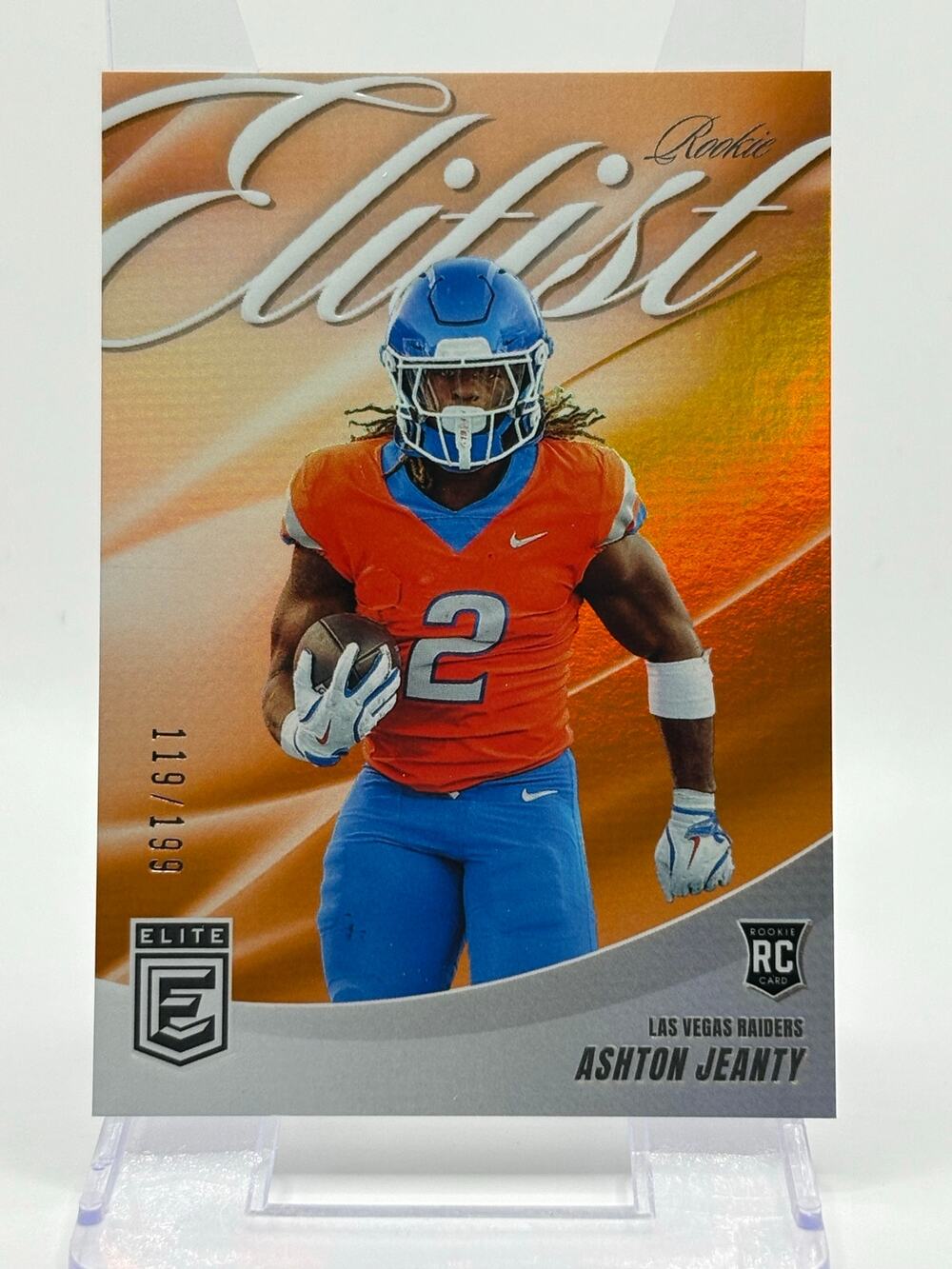 2025 Donruss Elite Ashton Jeanty Rookie Elitist Orange Refractor 119/199 Raiders